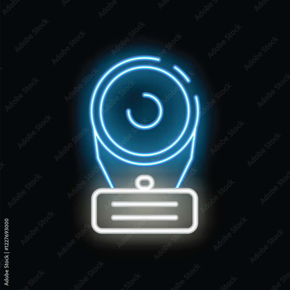 Poster blue neon icon of a security camera recording with a name tag on a black background