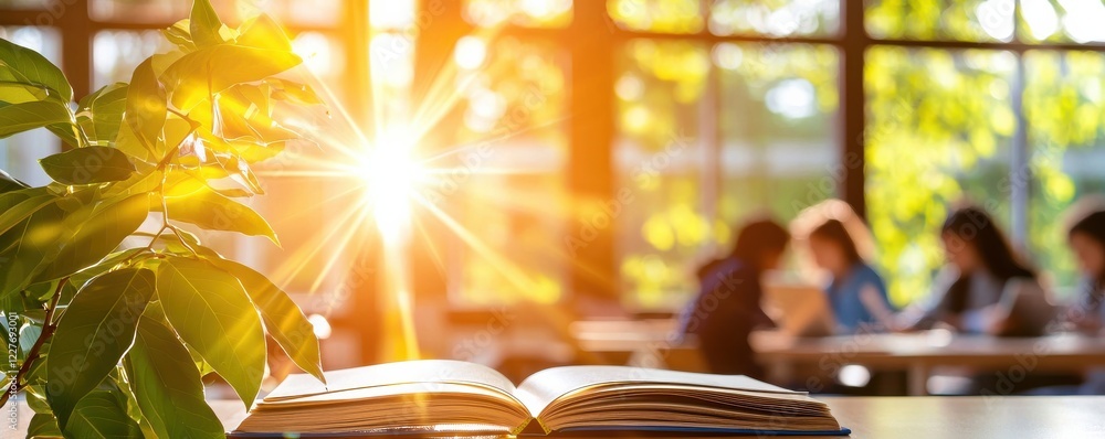 Poster a sunlit scene of an open book with a plant, creating a serene atmosphere in a study environment fil
