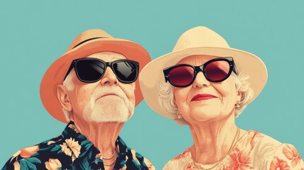 Elderly couple enjoying summer with sunglasses and hats against a vibrant background showcasing joy and togetherness in their golden years