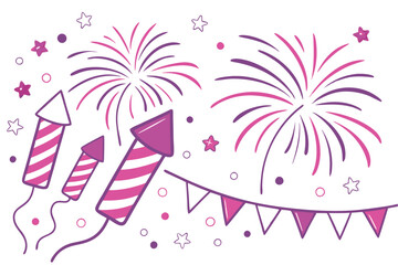 Festive celebration border, colorful fireworks, rocket firecrackers, sparkles, confetti, stars, pink and purple color scheme, white background, party decorations, abstract festive elements, 2D illustr