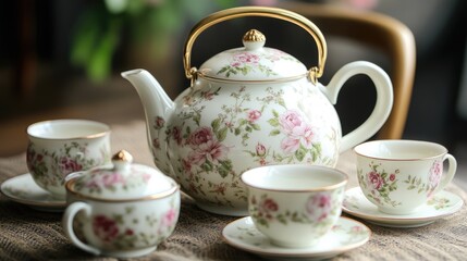 Fototapeta premium Vintage porcelain tea set featuring an ornate teapot and delicate floral patterned cups perfect for elegant gatherings and formal occasions