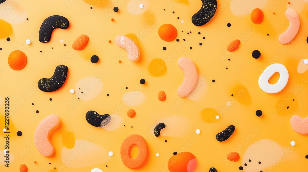 Poster vibrant orange pattern with abstract shapes and stickers ideal for text insertion and creative desig