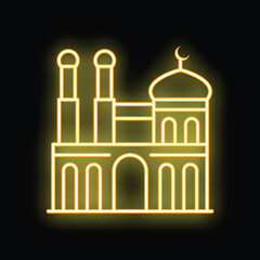 Line art vector illustration of a mosque building with neon yellow outline glowing on black background