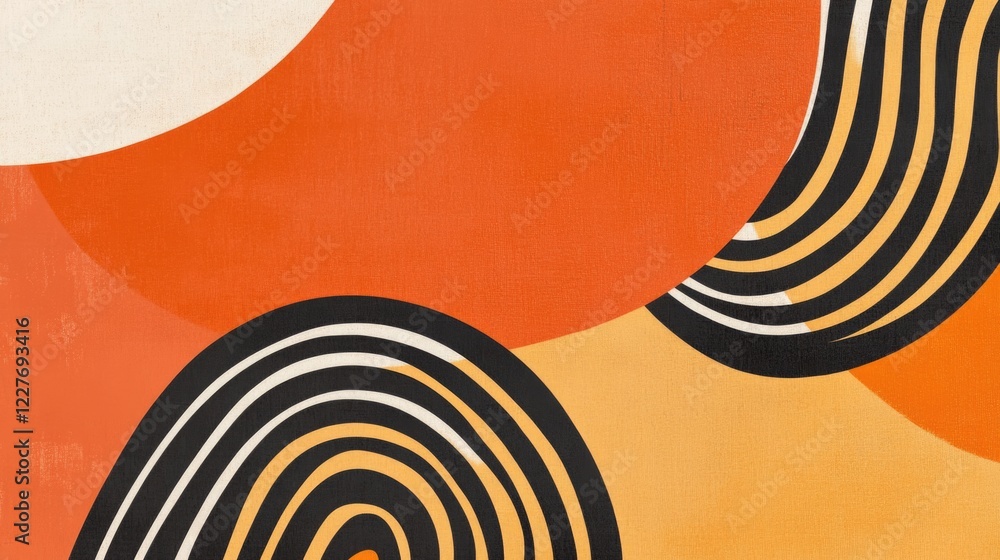 Poster abstract composition with playful rounded lines in warm orange and yellow tones for modern design ba