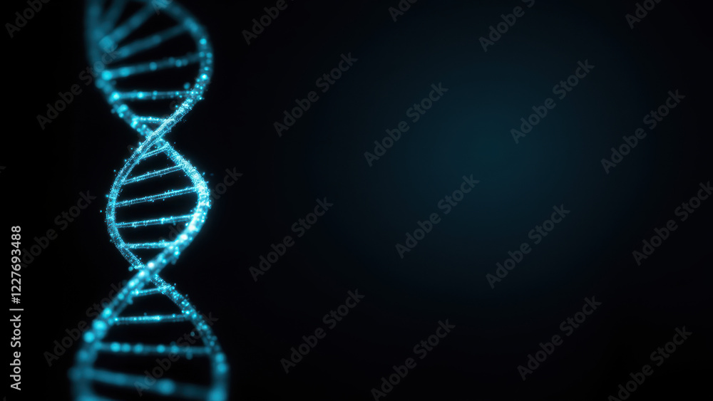 Poster a graphical representation of dna with a futuristic light effect.