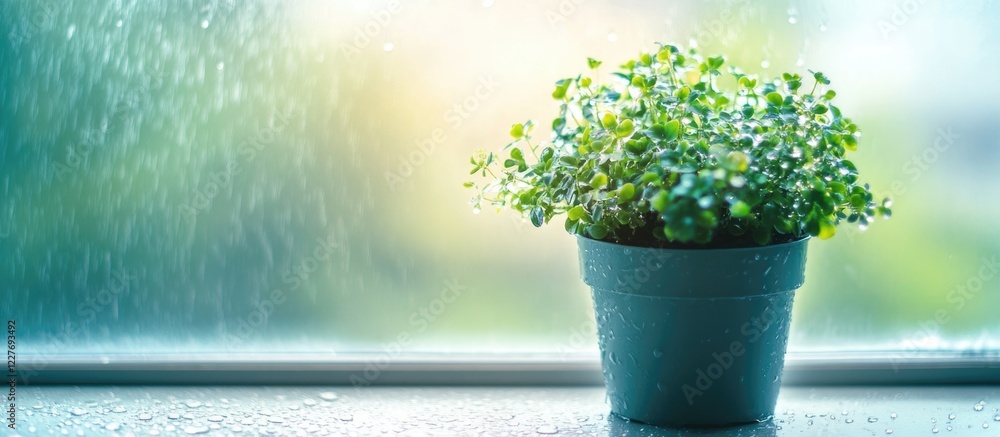 Poster potted plant on windowsill with raindrops creating a serene atmosphere and space for text in a cozy 