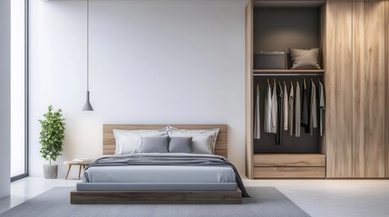 Fototapeta premium Minimalist bedroom with builtin wardrobes, a Murphy bed, and recessed lighting, spaceefficient design