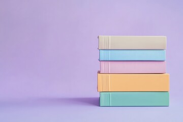 Stack of colorful pastel books on a purple background