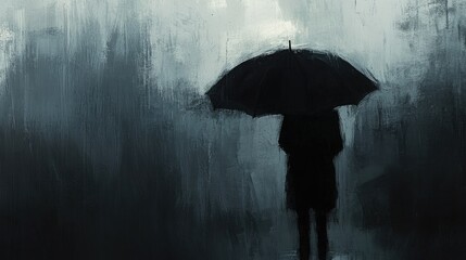 Silhouette of person holding black umbrella on a rainy day in moody atmosphere with blurred background and soft lighting effects.