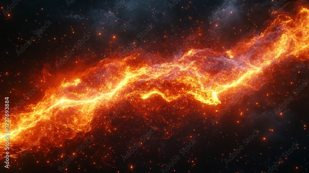 Poster abstract fiery cosmic stream in dark space. glowing orange and red particles form a wavy, dynamic sh