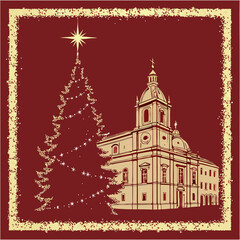 christmas card with christmas tree and bell