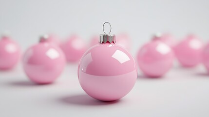 Pink Christmas Ornaments Arranged on a Soft White Background Celebrating Holiday Decor and Festive Cheer