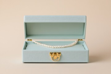 An elegant pastel blue jewelry box with a pearl necklace inside