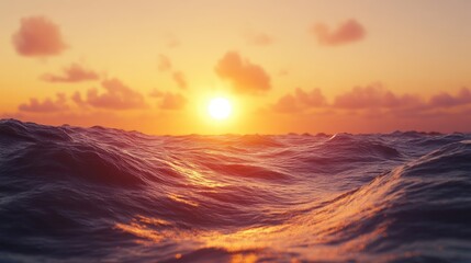 Tranquil Sea at Sunset with Gentle Waves and Soft Clouds in a Warm Orange Sky