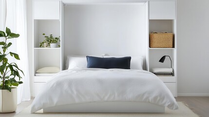 Compact bedroom with a Murphy bed, wallmounted storage units, and a foldable nightstand for versatility