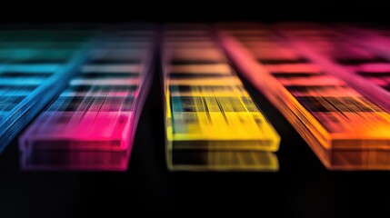 Colorful agarose gel electrophoresis showing PCR products and barcodes on a dark background for visual analysis and scientific presentation.
