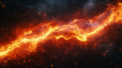 Abstract fiery cosmic stream in dark space. Glowing orange and red particles form a wavy, dynamic shape against a black background. Bright sparks and