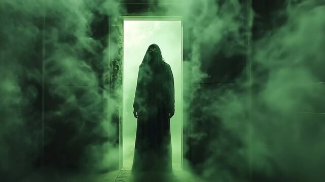 An strange green mist traps a mysterious man in the doorway.