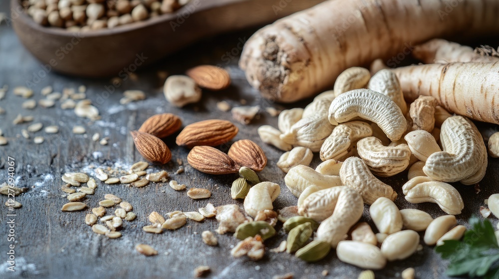Poster nuts and seeds on rustic table with parsnip and cardamom spices for healthy cooking and culinary ins