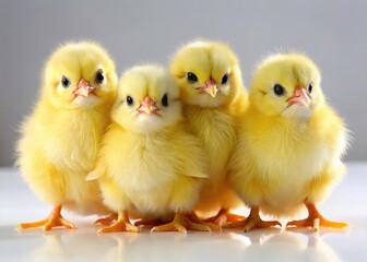 Fototapeta premium Adorable baby chicks in a dark studio, fluffy yellow and perfectly isolated.