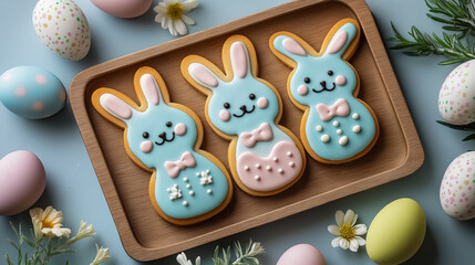 Naklejka premium Cute bunny-shaped cookies on a wooden tray surrounded by colorful Easter eggs