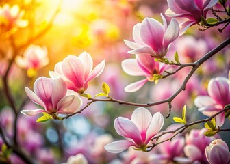 Obraz premium Blooming Magnolia Tree Branch, Delicate Pink Flowers, Spring Blossom, Selective Focus, Copy Space