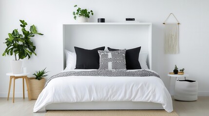 Compact bedroom with a Murphy bed, wallmounted storage units, and a foldable nightstand for versatility