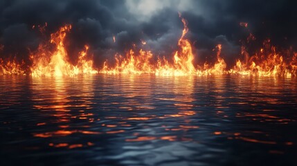Fiery inferno reflected on dark water under a stormy night sky. Intense orange and yellow flames against a moody, dark background. Dramatic, fiery