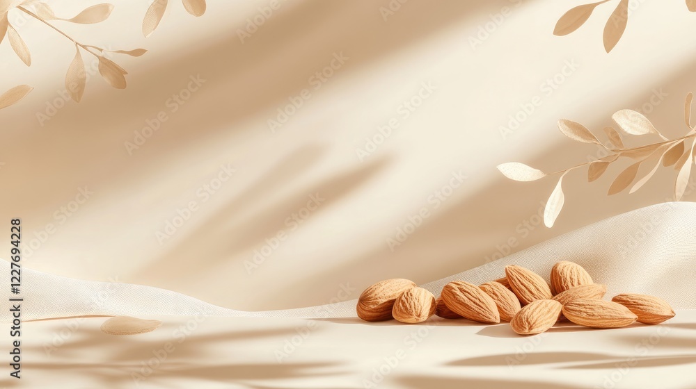 Poster natural almonds arranged elegantly with soft shadows on a beige backdrop creating a serene and minim