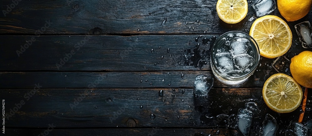 Poster refreshing lemon iced drink with ice cubes on dark wooden table inviting summer vibes and offering s