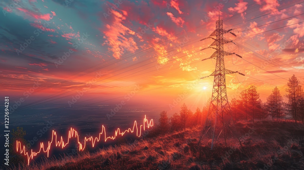 Poster dynamic energy stock market graph with accordion style and electric power line background design