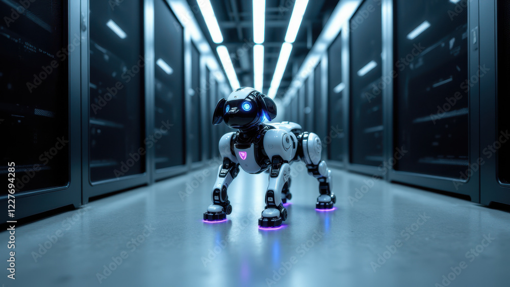 Poster futuristic robotic quadruped in a high-tech setting, possibly a data center or server room.