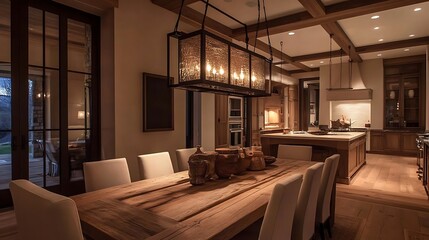 Fototapeta premium A warm and inviting dining area with a rustic wooden table, pendant lighting, and neutral tones creating an elegant atmosphere