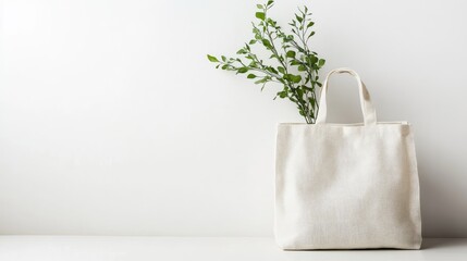 Eco-friendly shopping bag with greenery on white background Minimalist design for groceries or wellness shopping concepts