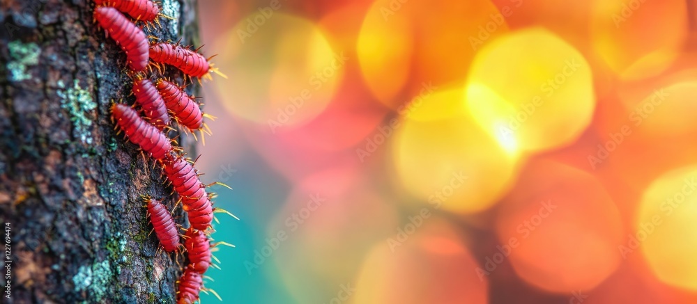 Poster red insect larvae on tree bark with vibrant multicolored bokeh background and ample negative space f