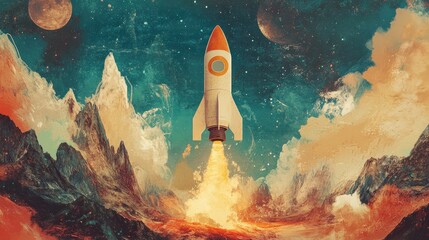 Naklejka premium Vintage rocket launch in a colorful cosmic landscape with mountainous terrain and planets in the background.