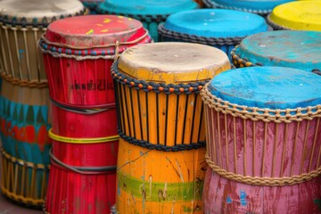 Vibrant Handmade Drums with Colorful Patterns for Traditional Festive Celebrations and Cultural Performances