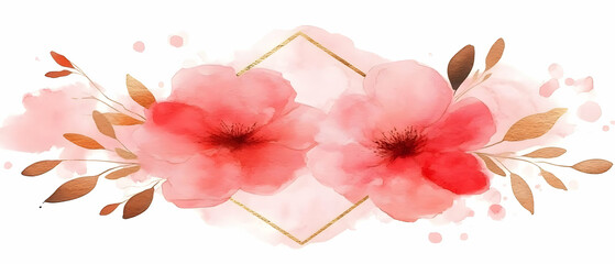 Obraz premium Watercolor floral frame, pink blooms, gold accents, white background, wedding invite