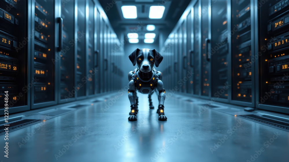 Poster futuristic robot dog standing inside a server room filled with high-tech hardware.