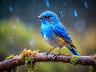 Fototapeta premium Blue Bird Rain Branch Bokeh Photography - Nature Wildlife Stock Image