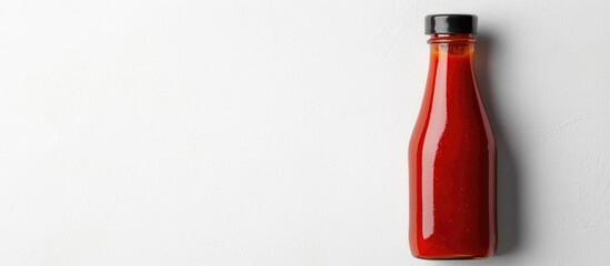 Red hot sauce in glass bottle on white background with blank space for text and branding opportunities