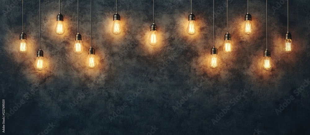 Poster ceiling lamp with incandescent bulbs suspended in an industrial setting creating a decorative ambian