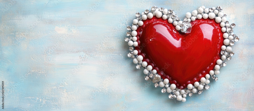 Poster red heart decorated with white stones on a textured background with blank space for text or message 