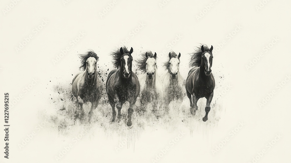 Poster five horses running in a monochrome style, captured in motion. the image is set against a neutral ba