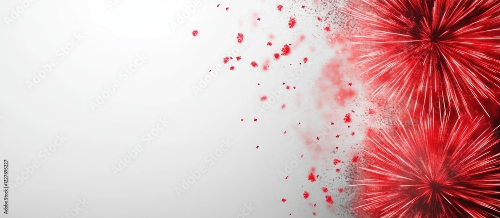 Poster red firework burst on light gray background with ample space for custom text or design elements