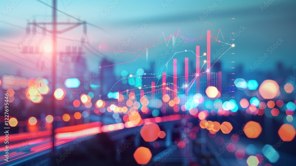 Poster dynamic energy stock market graph in accordion style with electric power line background design