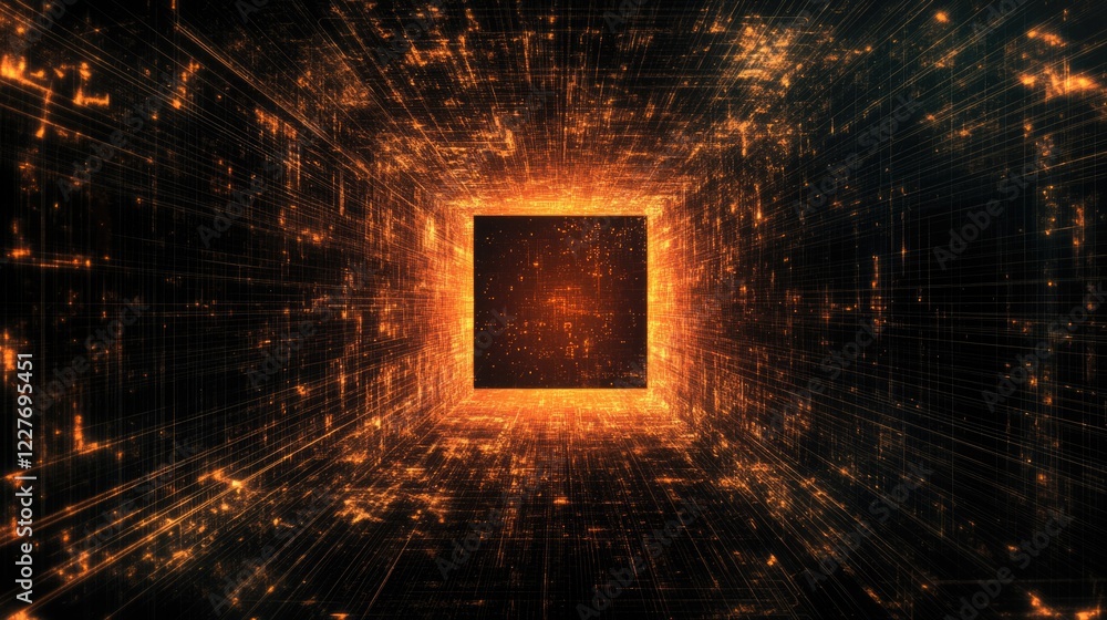 Poster abstract digital landscape depicting a glowing orange cube surrounded by dynamic, illuminated lines,
