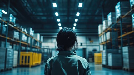 Technician observing storage area in modern warehouse emphasizing logistics and inventory management expertise