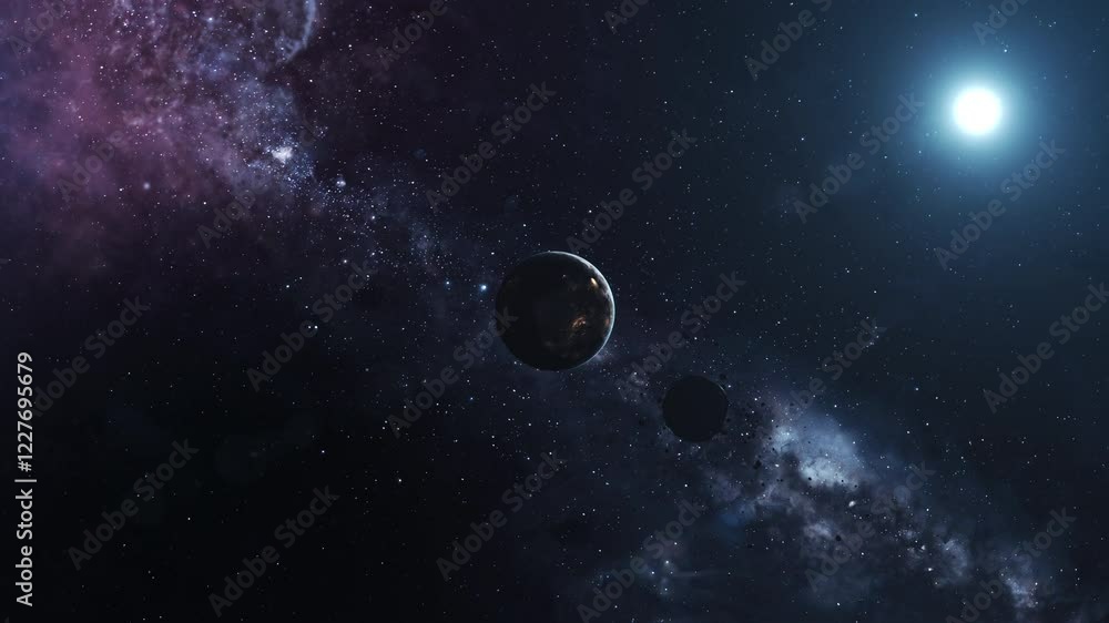 Wall mural distant planet with advanced civilization. alien planet with a meteor, orbiting in a cosmic space, f