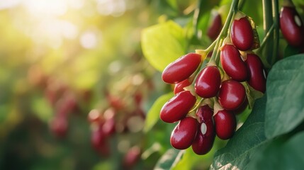 Organic Red Bean Crops Growing in Greenhouse Under Bright Sunlight Amidst Lush Greenery